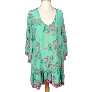 ​Tolani Kaftan Dress Green Floral Chiffon Bell Sleeve Size L